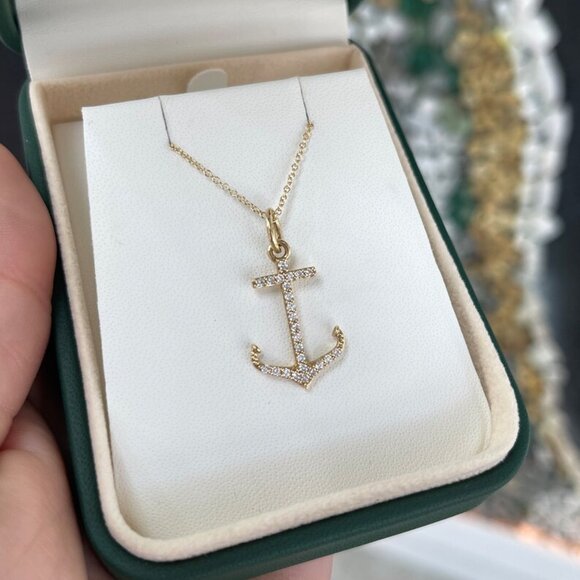 0.45tcw 14K Diamond Anchor Pendant Necklace, Pave Gold Anchor Necklace - Picture 3 of 7